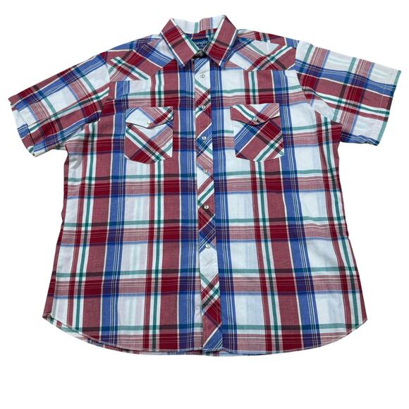 Wrangler Other - Pearl‎ Snap Western Shirt Men's XL Vintage Wrangler Blue Red White Short Sleeve